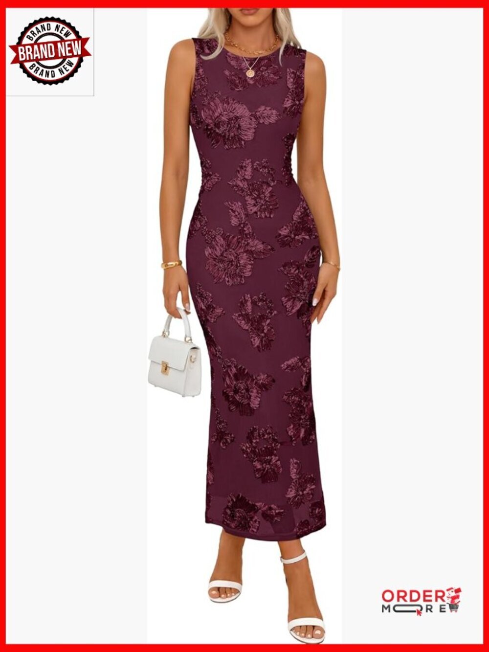 Sleeveless Bodycon Maxi Dress with 3D Floral Mesh Slit Back